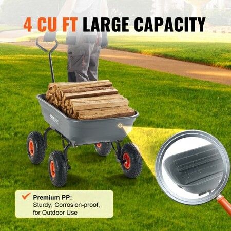 Dump Cart, Poly Garden Dump Cart with Easy to Assemble Steel Frame, Dump Wagon with 2-in-1 Convertible Handle, Utility Wheelbarrow 272kg/ 600lbs Capacity, 25.5cm/ 10 inch Tires