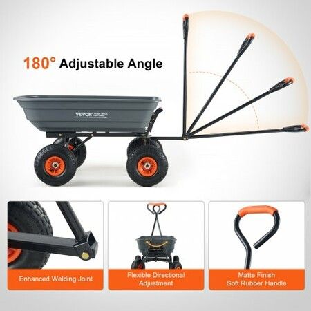 Dump Cart, Poly Garden Dump Cart with Easy to Assemble Steel Frame, Dump Wagon with 2-in-1 Convertible Handle, Utility Wheelbarrow 272kg/ 600lbs Capacity, 25.5cm/ 10 inch Tires