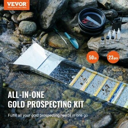 Gold Panning Kit With Sluice Box, 50" Aluminum Gold Mining Equipment, 23 PCS Gold Prospecting Kit with Gold Pan, Classifier Screen, Separating Magnet, Drawstring Backpack and Accessories