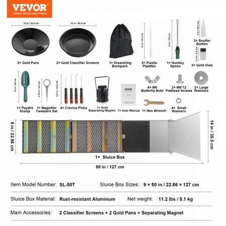 Gold Panning Kit With Sluice Box, 50" Aluminum Gold Mining Equipment, 23 PCS Gold Prospecting Kit with Gold Pan, Classifier Screen, Separating Magnet, Drawstring Backpack and Accessories