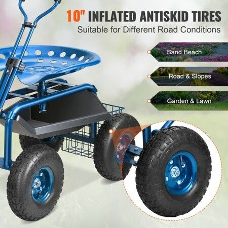 Rolling Garden Cart with Seat and Wheels Extendable Steer Handle Blue