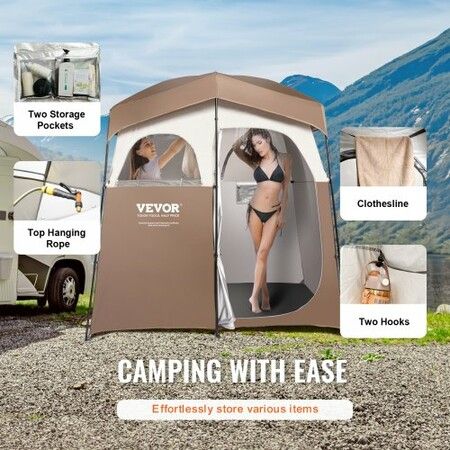 Camping Shower Tent, 83" x 42" x 83" 2 Rooms Oversize Outdoor Portable Shelter, Privacy Tent with Detachable Top, Pockets, Hanging Rope and Clothesline, for Dressing, Changing, Toilet, Bathroom