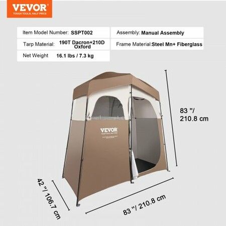 Camping Shower Tent, 83" x 42" x 83" 2 Rooms Oversize Outdoor Portable Shelter, Privacy Tent with Detachable Top, Pockets, Hanging Rope and Clothesline, for Dressing, Changing, Toilet, Bathroom