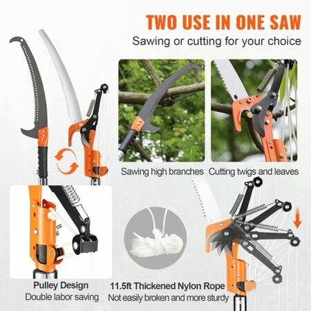 Manual Pole Saw, 2.24 m-8.24 m Extendable Tree Pruner, Sharp Steel Blade and Scissors High Branches Trimming, Branch Trimmer with Lightweight 8 Fiberglass Handles, for Pruning Palms and Shrubs