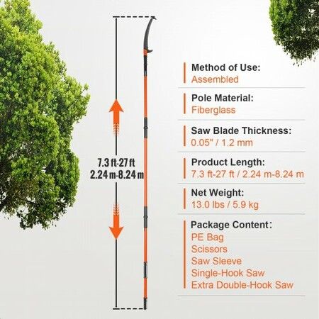 Manual Pole Saw, 2.24 m-8.24 m Extendable Tree Pruner, Sharp Steel Blade and Scissors High Branches Trimming, Branch Trimmer with Lightweight 8 Fiberglass Handles, for Pruning Palms and Shrubs