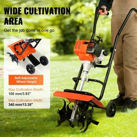 Tiller Cultivator Gas Powered, 38CC 4-Stroke Garden Cultivator, Tiller with 4 Steel Adjustable Front Tines for Lawn, Garden and Field Soil Cultivation