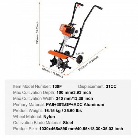 Tiller Cultivator Gas Powered, 38CC 4-Stroke Garden Cultivator, Tiller with 4 Steel Adjustable Front Tines for Lawn, Garden and Field Soil Cultivation