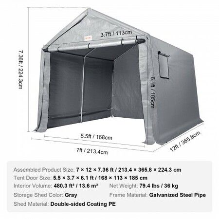 Protable Stotage Shelter Garage Stotage Shed 7 x 12 x 7.36ft & Zipper Door