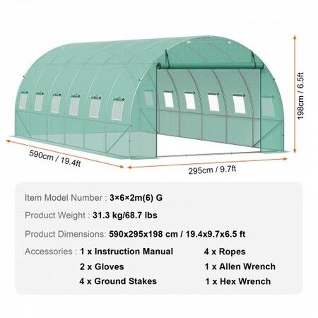 Walk-in Tunnel Greenhouse 19.36x9.68x6.5ft Galvanized Frame PE Cover Green