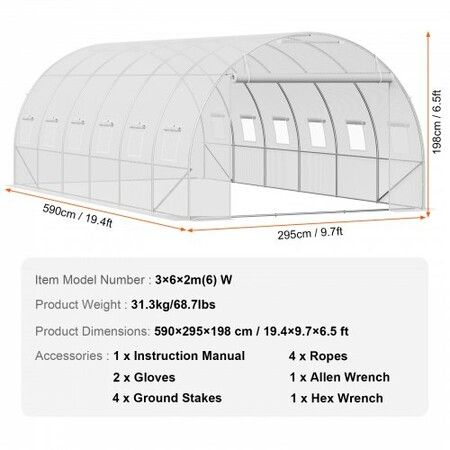 Walk-in Tunnel Greenhouse 19.36x9.68x6.5ft Galvanized Frame PE Cover White