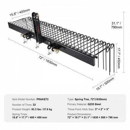 Tow Behind Landscape Rake, 1.8m Tow Dethatcher with 32 Steel Tines, Lawn Dethatcher Rake Attaches to Category 1, 3 Point Hitch for Tractor, for Leaves, Pine Needles, Straw, and Grass