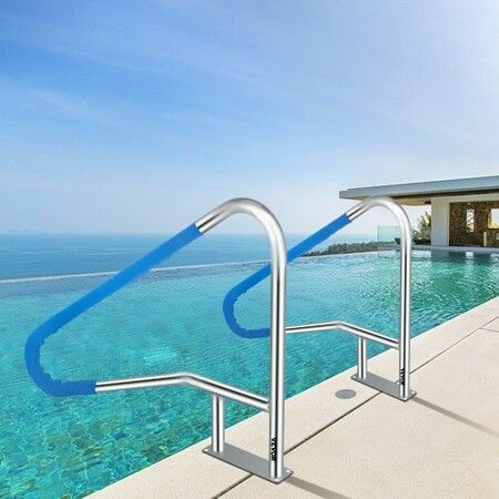 Pool Rail 54x36 Pool Railing 304 Stainless Steel 250LBS Load Capacity Silver Rustproof Pool Handrail Humanized Swimming Pool Handrail with Blue Grip Cover & M8 Drill Bit & Self-Taping Screws