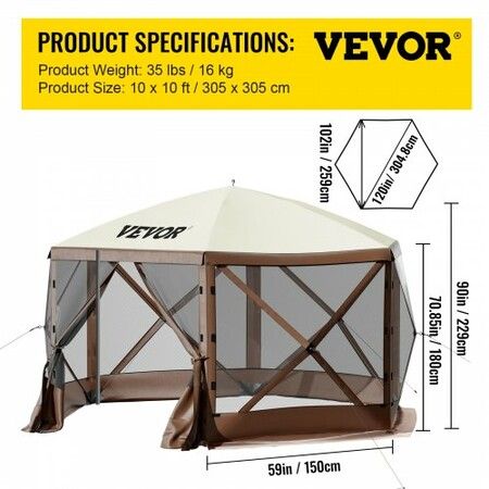 Pop-up Camping Gazebo Camping Canopy Shelter 6 Sided 10' x 10' Sun Shade