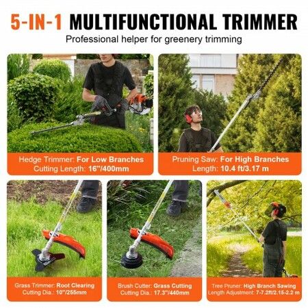 26CC 6-in-1 Multi-Functional Trimming Tools, Gas Hedge Trimmer, Weed Eater, String Trimmer, Brush Cutter, Edger, Pole Saw Chainsaw Pruner with Extension Pole