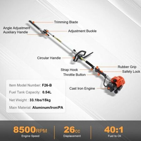 26CC 6-in-1 Multi-Functional Trimming Tools, Gas Hedge Trimmer, Weed Eater, String Trimmer, Brush Cutter, Edger, Pole Saw Chainsaw Pruner with Extension Pole