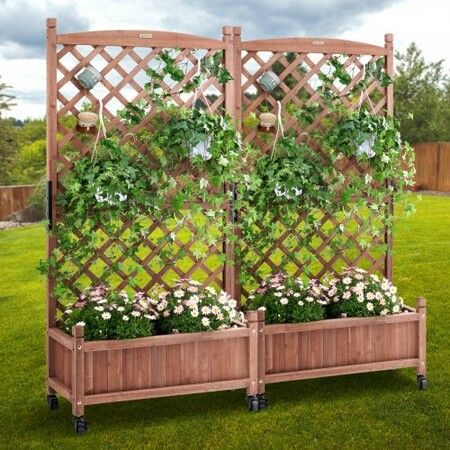 2PCS Raised Garden Bed with Trellis, 60"x13"x61.4" Outdoor Raised Wood Planters with Drainage Holes, Free-Standing Trellis Planter Box for Vine Climbing Plants Flowers in Garden, Patio, Balcony