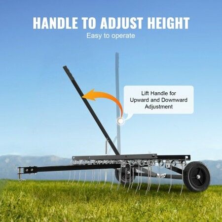 Tow Behind Dethatcher, 1.2m Tow Dethatcher with 24 Spring Steel Tines, Lawn Dethatcher Rake for ATV or Mower, Tow Behind Lawn Rake with Lift Handle for Garden Farm Grass