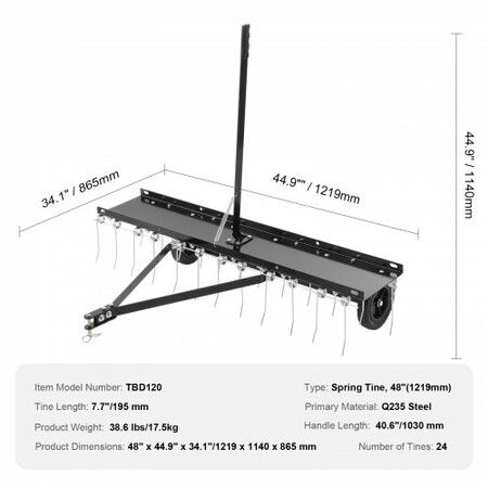 Tow Behind Dethatcher, 1.2m Tow Dethatcher with 24 Spring Steel Tines, Lawn Dethatcher Rake for ATV or Mower, Tow Behind Lawn Rake with Lift Handle for Garden Farm Grass