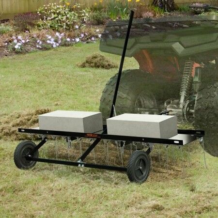 Tow Behind Dethatcher, 1.2m Tow Dethatcher with 24 Spring Steel Tines, Lawn Dethatcher Rake for ATV or Mower, Tow Behind Lawn Rake with Lift Handle for Garden Farm Grass