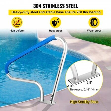 Pool Rail 48x36 Pool Railing 304 Stainless Steel 250LBS Load Capacity Silver Rustproof Pool Handrail Humanized Swimming Pool Handrail with Blue Grip Cover & M8 Drill Bit & Self-Taping Screws