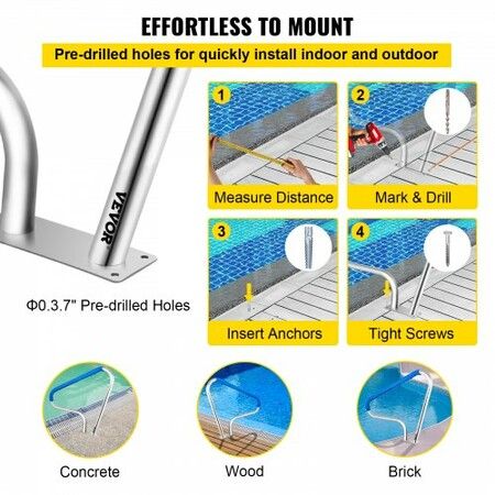 Pool Rail 48x36 Pool Railing 304 Stainless Steel 250LBS Load Capacity Silver Rustproof Pool Handrail Humanized Swimming Pool Handrail with Blue Grip Cover & M8 Drill Bit & Self-Taping Screws