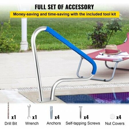 Pool Rail 48x36 Pool Railing 304 Stainless Steel 250LBS Load Capacity Silver Rustproof Pool Handrail Humanized Swimming Pool Handrail with Blue Grip Cover & M8 Drill Bit & Self-Taping Screws