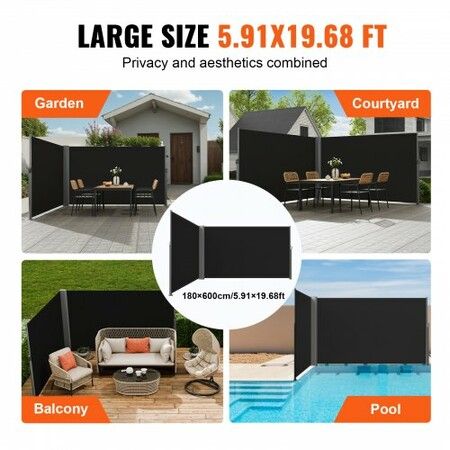 Retractable Side Awning, 180X600cm Aluminum Outdoor Privacy Screen, 280g Polyester Water-proof Retractable Patio Screen, UV 30+ Room Divider Wind Screen for Patio, Backyard, Balcony, Black