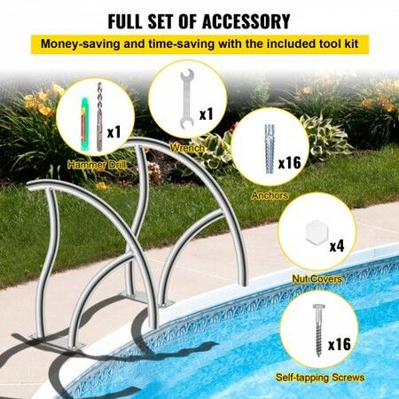 Pool Handrail, 30" x 30" Swimming Pool Stair Rail, 2 PCs Stainless Steel Stair Pool Hand Rail Rated 375lbs Load Capacity, Pool Rail with Quick Mount Base Plate, and Complete Mounting Accessories