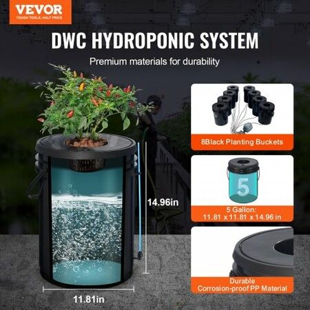 DWC Hydroponics Grow System Deep Water Culture 8 Buckets with Air Pump