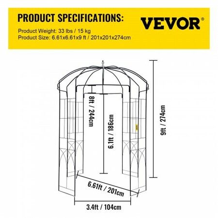 Birdcage Shape Garden Arbor, 9\' High x 6.6\' Wide, Heavy Duty Wrought Iron Arbor, Wedding Arch Trellis for Climbing Vines in Outdoor Garden, Lawn, Backyard, Patio, Black