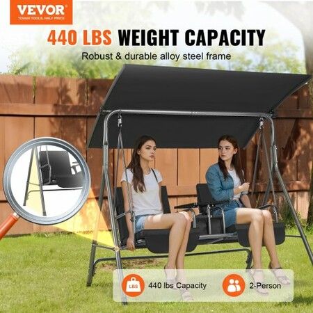 2-Seat Patio Swing Chair, Outdoor Patio Swing with Adjustable Canopy, Porch Swing with Storage Bag and Rotating Tray, Oxford Fabric and Alloy Steel Frame, for Balcony, Backyard, Poolside, Black