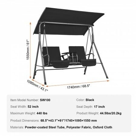 2-Seat Patio Swing Chair, Outdoor Patio Swing with Adjustable Canopy, Porch Swing with Storage Bag and Rotating Tray, Oxford Fabric and Alloy Steel Frame, for Balcony, Backyard, Poolside, Black