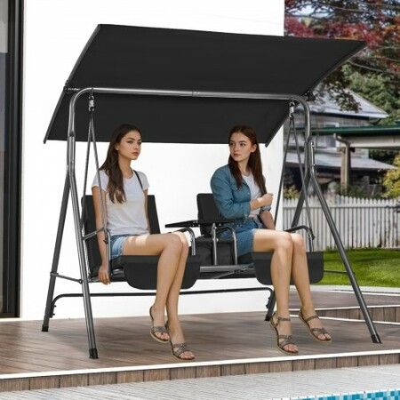 2-Seat Patio Swing Chair, Outdoor Patio Swing with Adjustable Canopy, Porch Swing with Storage Bag and Rotating Tray, Oxford Fabric and Alloy Steel Frame, for Balcony, Backyard, Poolside, Black