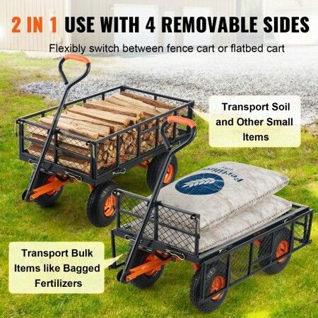 Dump Cart, Metal Garden Dump Cart with Easy to Assemble Frame, Dump Wagon with 2-in-1 Convertible Handle, Utility Wheelbarrow 399kg Capacity, 25.4cm Tires