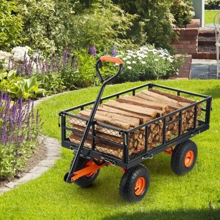 Dump Cart, Metal Garden Dump Cart with Easy to Assemble Frame, Dump Wagon with 2-in-1 Convertible Handle, Utility Wheelbarrow 399kg Capacity, 25.4cm Tires