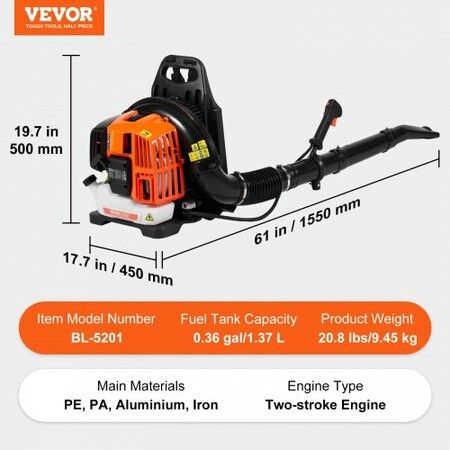 Backpack Leaf Blower, 52CC 2-Cycle Gas Leaf Blower with 1.37L Fuel Tank, 480CFM Air Volume 175MPH Speed, Ideal for Lawn Care, Leaf Cleaning, and Snow Removal