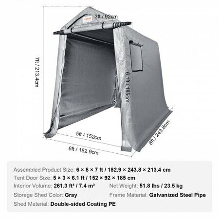 Portable Storage Shelter Garage Storage Shed 6 x 8x 7 ft & Zipper Door