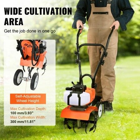 Tiller Cultivator Gas Powered, 43CC 2-Stroke Garden Cultivator, Tiller with 4 Steel Adjustable Front Tines for Lawn, Garden and Field Soil Cultivation