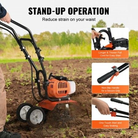 Tiller Cultivator Gas Powered, 43CC 2-Stroke Garden Cultivator, Tiller with 4 Steel Adjustable Front Tines for Lawn, Garden and Field Soil Cultivation