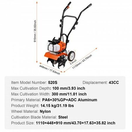 Tiller Cultivator Gas Powered, 43CC 2-Stroke Garden Cultivator, Tiller with 4 Steel Adjustable Front Tines for Lawn, Garden and Field Soil Cultivation