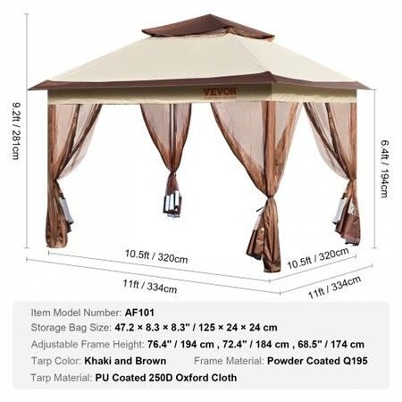 Patio Gazebo, Pop up Gazebo for 8-10 Person, with Mosquito Netting, Metal Frame, and PU Coated 250D Oxford Cloth, Outdoor Canopy Shelter for Patio, Backyard, Lawn, Garden, Deck