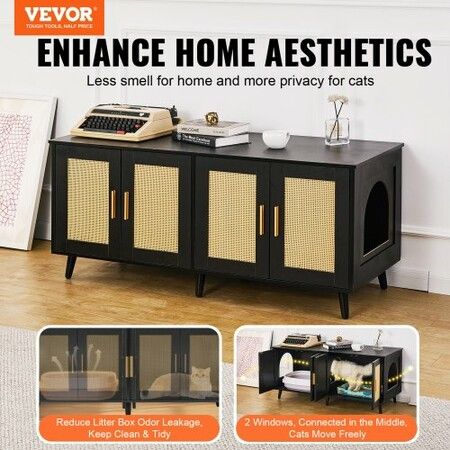 Cat Litter Box Enclosure Wooden Litter Box Furniture Hidden 2 Rooms Black