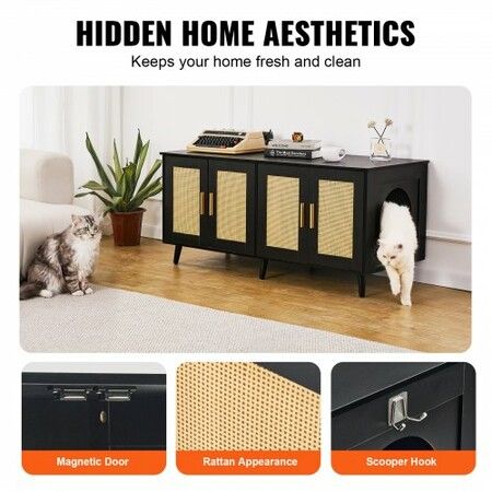 Cat Litter Box Enclosure Wooden Litter Box Furniture Hidden 2 Rooms Black