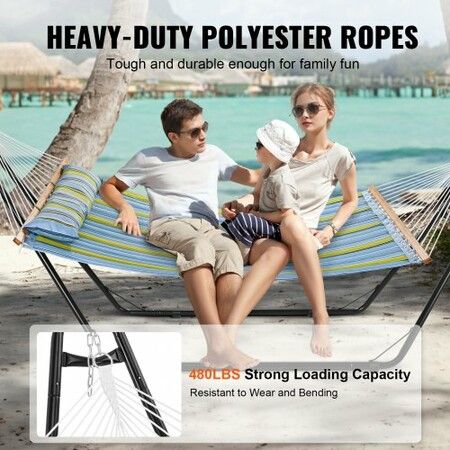 Two Person Hammock with Stand Included Heavy Duty 217.7kg Capacity, Double Hammock with Portable Steel Stand and Carrying Bag and Pillow, Freestanding Hammock for Outdoor Patio Yard Beach