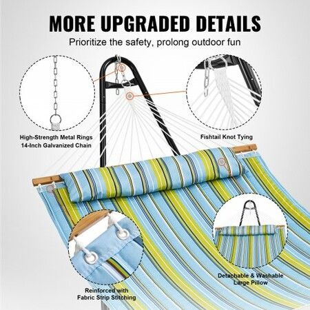 Two Person Hammock with Stand Included Heavy Duty 217.7kg Capacity, Double Hammock with Portable Steel Stand and Carrying Bag and Pillow, Freestanding Hammock for Outdoor Patio Yard Beach