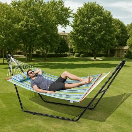 Two Person Hammock with Stand Included Heavy Duty 217.7kg Capacity, Double Hammock with Portable Steel Stand and Carrying Bag and Pillow, Freestanding Hammock for Outdoor Patio Yard Beach