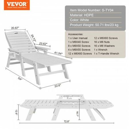 Outdoor Chaise Lounge Chair Adjustable Patio Reclining Bench Lounger White