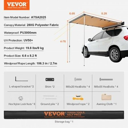 Car Side Awning, Large 6.6' x 8.2' Shade Coverage Vehicle Awning, PU3000mm UV50+ Retractable Car Awning with Waterproof Storage Bag, Height Adjustable, Suitable for Truck, SUV, Van, Campers