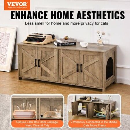 Cat Litter Box Enclosure Wooden Litter Box Furniture Hidden 2 Rooms Greige