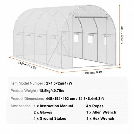 Walk-in Tunnel Greenhouse 14.6x6.36x6.3ft Galvanized Frame PE Cover White